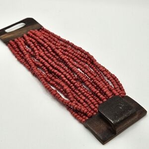 VINTAGE Wooden Toggle Clasp Red Glass Seed Bead Multi-Strand Beaded Bracelet